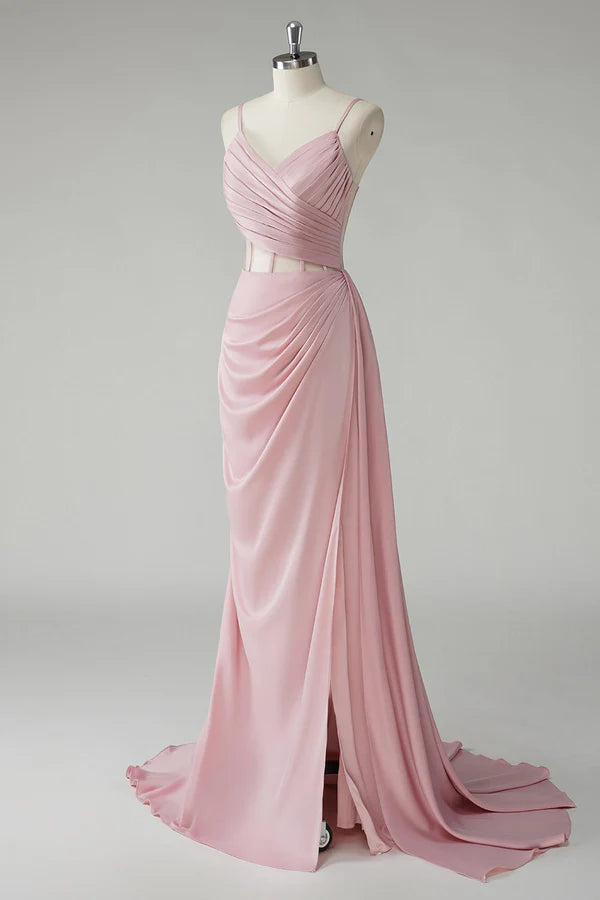 Blush Spaghetti Straps Corset Pleated Sheath Long Prom Dress simple gentle atmospheric and unique desi Bring summer colors to enhance whiteness