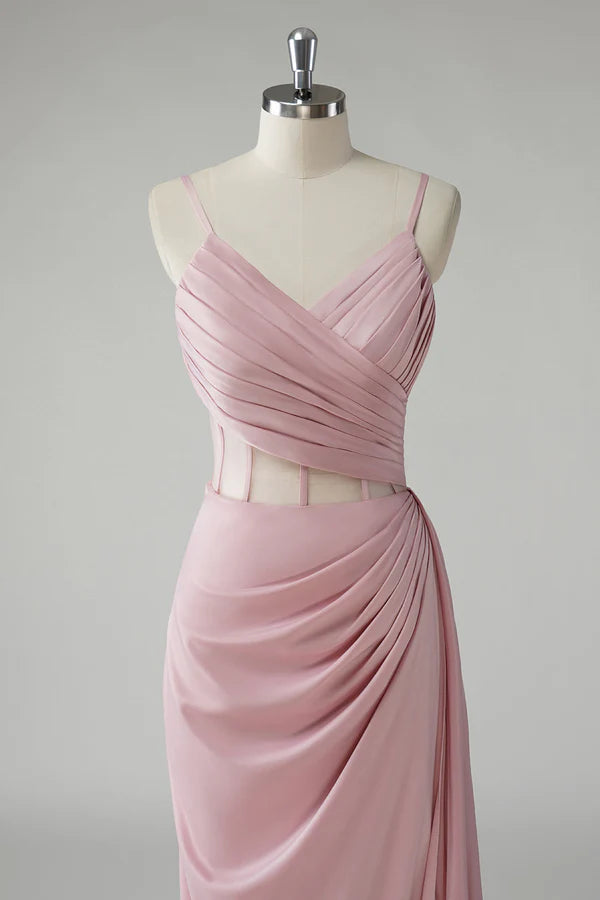 Blush Spaghetti Straps Corset Pleated Sheath Long Prom Dress simple gentle atmospheric and unique desi Bring summer colors to enhance whiteness