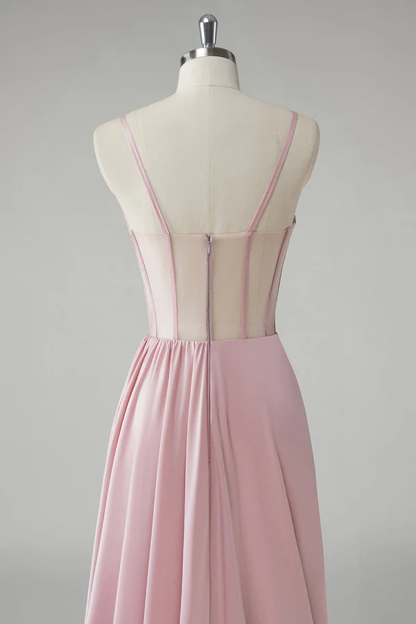 Blush Spaghetti Straps Corset Pleated Sheath Long Prom Dress simple gentle atmospheric and unique desi Bring summer colors to enhance whiteness