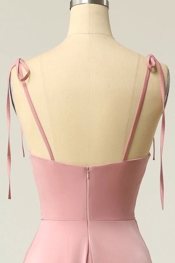 Blush Spaghetti Straps Long Prom Dress with Bowknot Simple gentle atmospheric and unique design