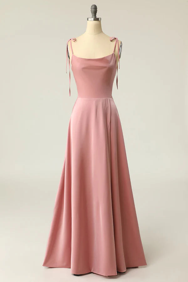 Blush Spaghetti Straps Long Prom Dress with Bowknot Simple gentle atmospheric and unique design