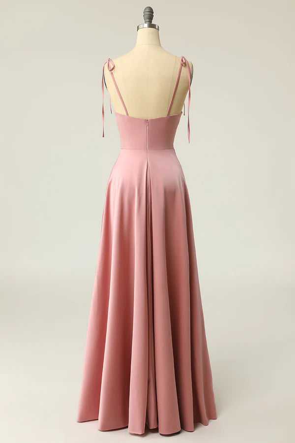 Blush Spaghetti Straps Long Prom Dress with Bowknot Simple gentle atmospheric and unique design