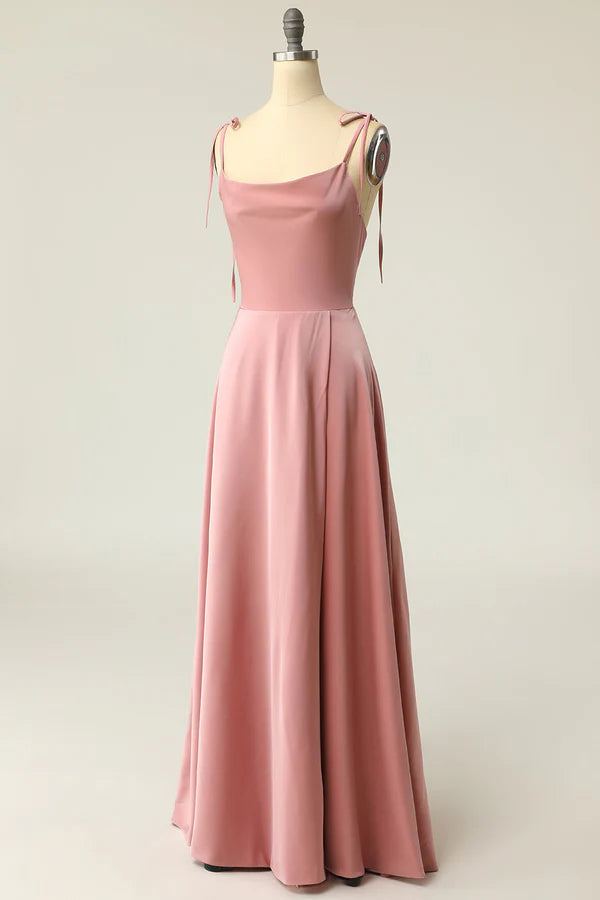 Blush Spaghetti Straps Long Prom Dress with Bowknot Simple gentle atmospheric and unique design