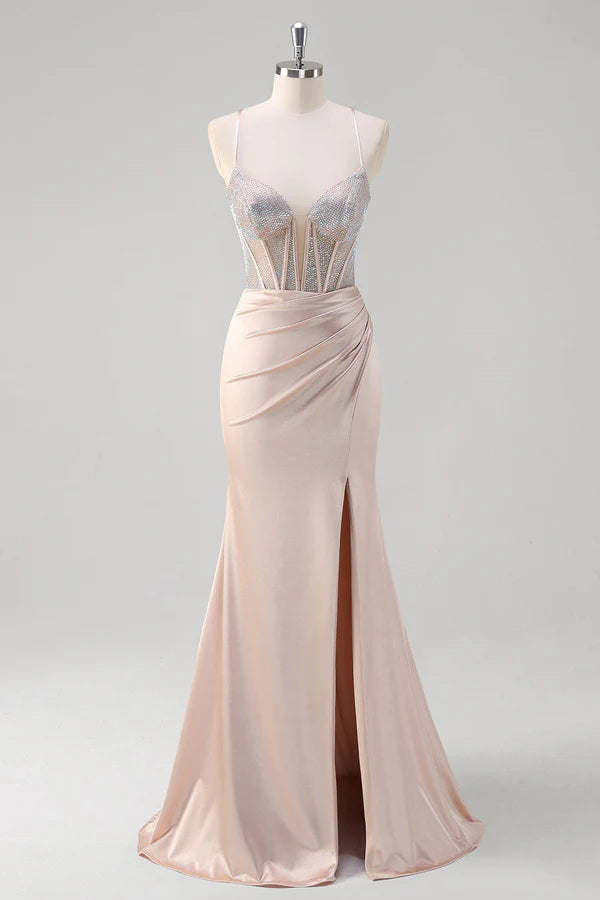 Blush Spaghetti Straps Mermaid Corset Beaded Long Prom Dress simple gentle atmospheric and unique desi