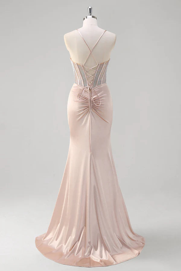 Blush Spaghetti Straps Mermaid Corset Beaded Long Prom Dress simple gentle atmospheric and unique desi