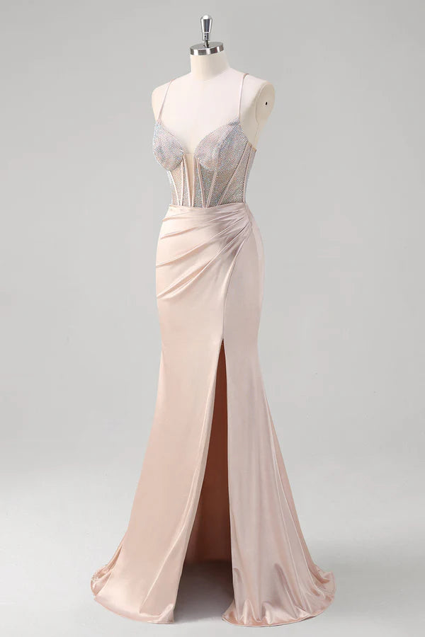 Blush Spaghetti Straps Mermaid Corset Beaded Long Prom Dress simple gentle atmospheric and unique desi