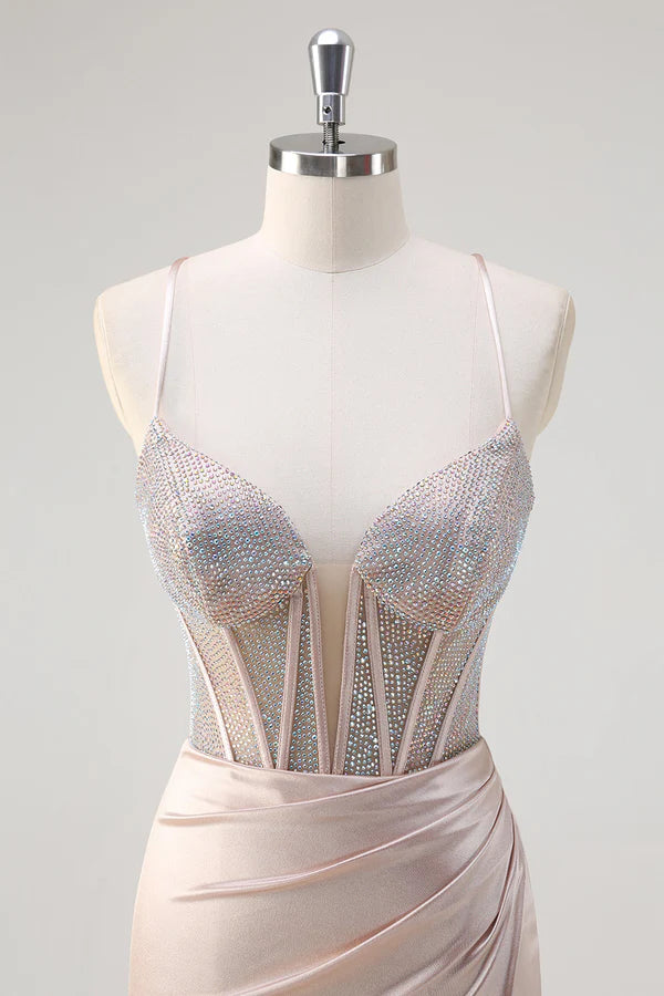 Blush Spaghetti Straps Mermaid Corset Beaded Long Prom Dress simple gentle atmospheric and unique desi