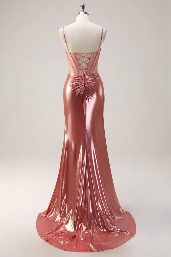 Bl ush Spaghetti Straps Mermaid Metallic Long Corset Prom Dress with Slit simple gentle atmospheric and unique desi