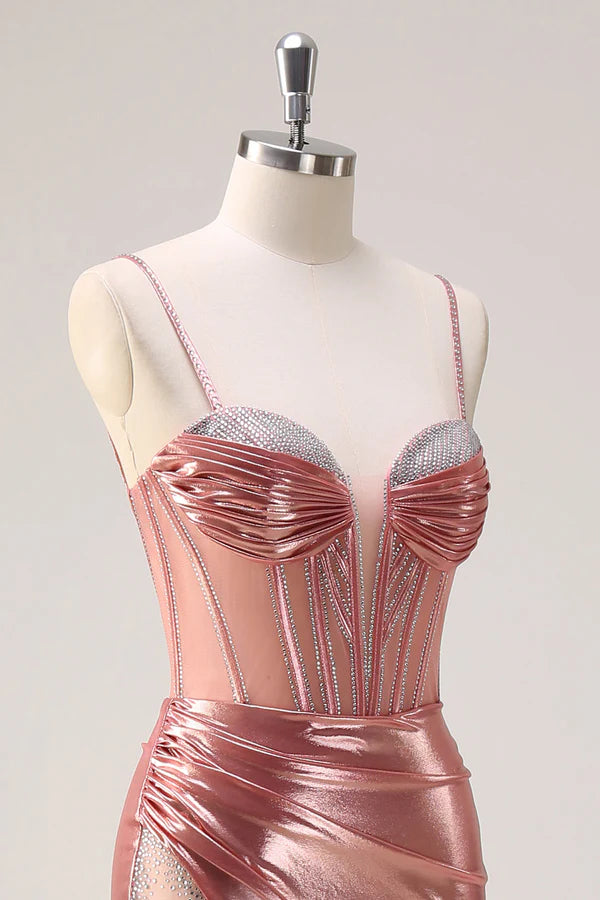 Bl ush Spaghetti Straps Mermaid Metallic Long Corset Prom Dress with Slit simple gentle atmospheric and unique desi