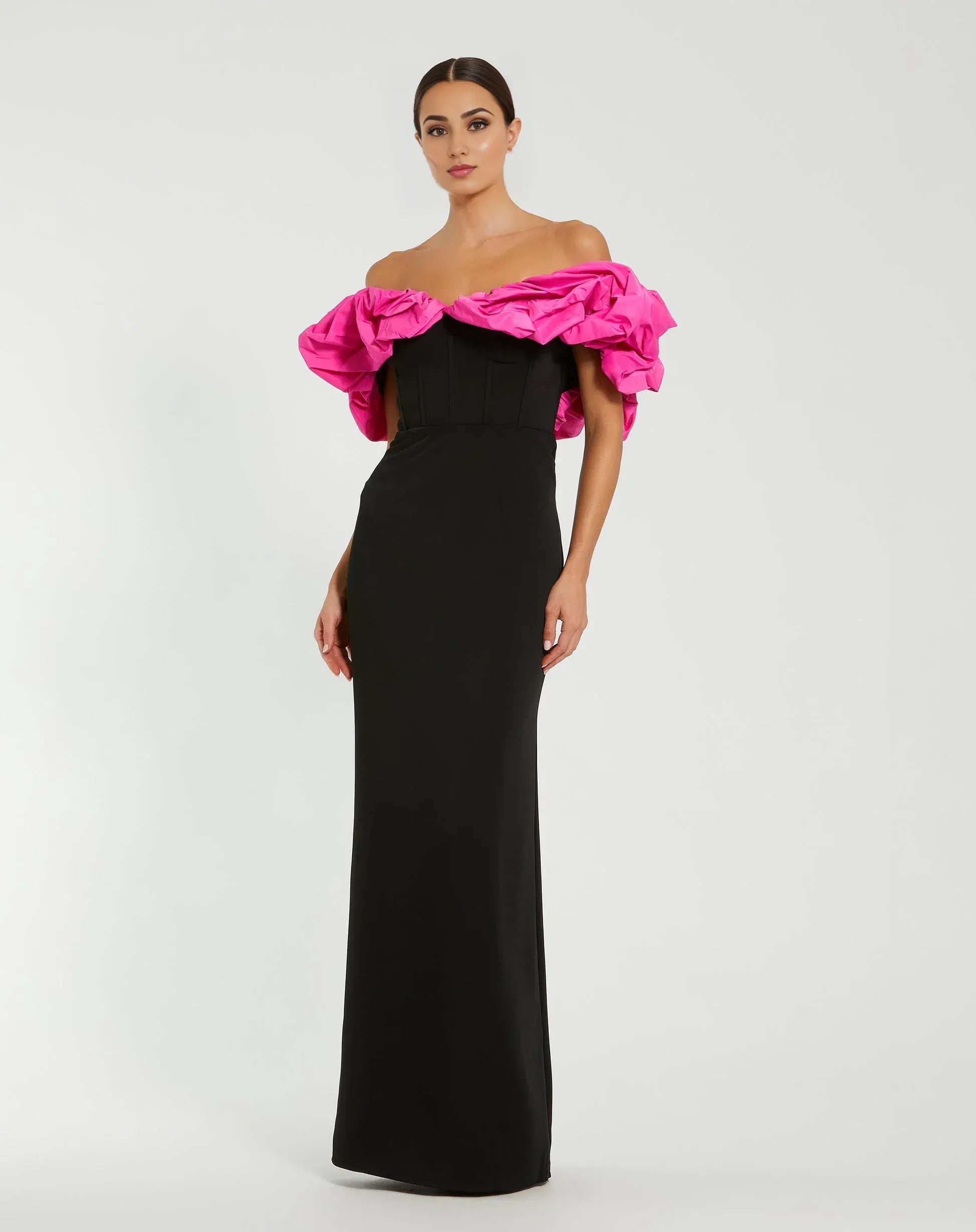 Bold Contrast Mermaid Off Shoulder Ruffle Sleeve Open Back Floor Length Prom Dress