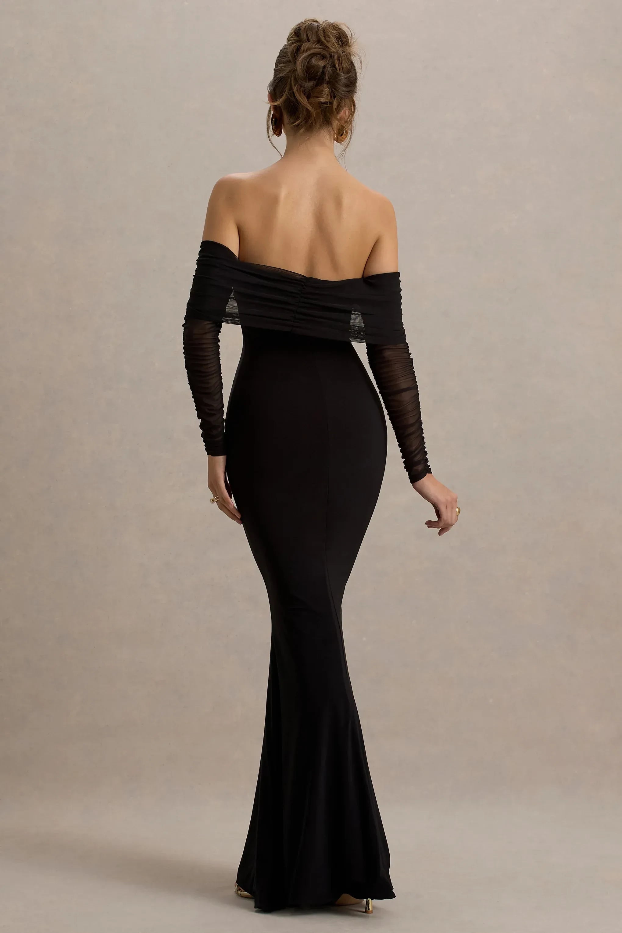 Bold Mermaid Off Shoulder Sheer Long Sleeve Open Back Floor Length Prom Dress