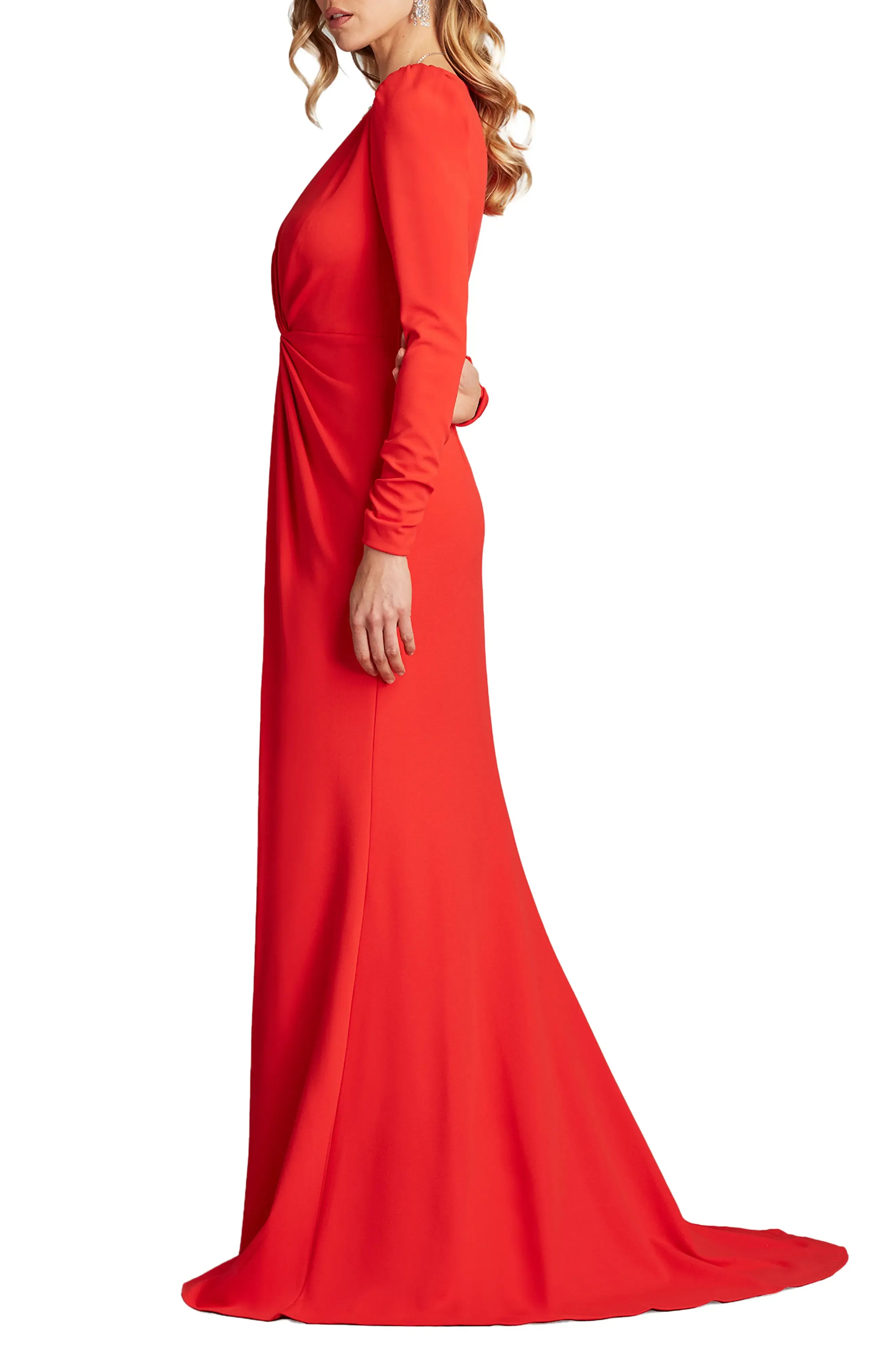Bold Ruched Plunging V Neck Long Sleeve Zipper Back Floor Length Hot Sale Evening Dress