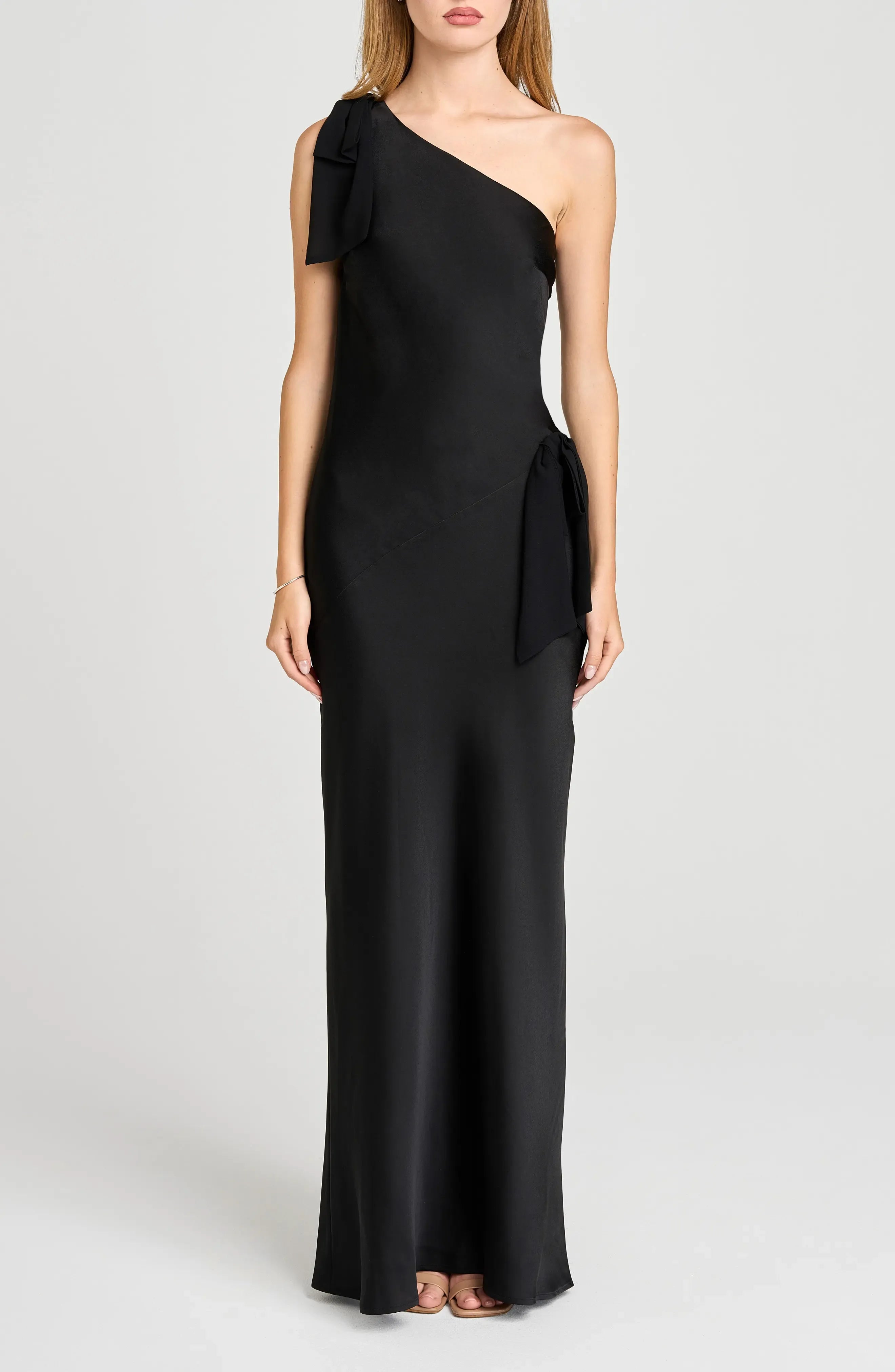 Bow Accented Column One Shoulder Sleeveless Open Back Floor Length For Adults Evening Dress