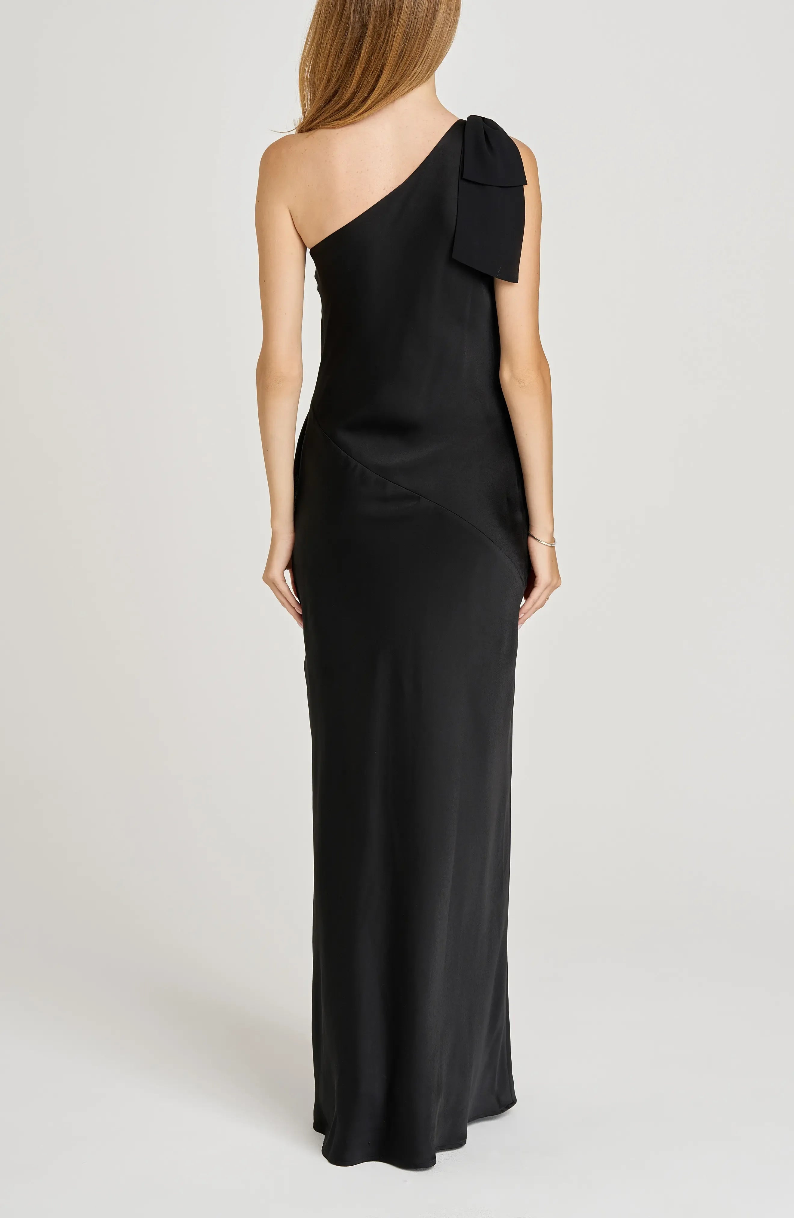 Bow Accented Column One Shoulder Sleeveless Open Back Floor Length For Adults Evening Dress
