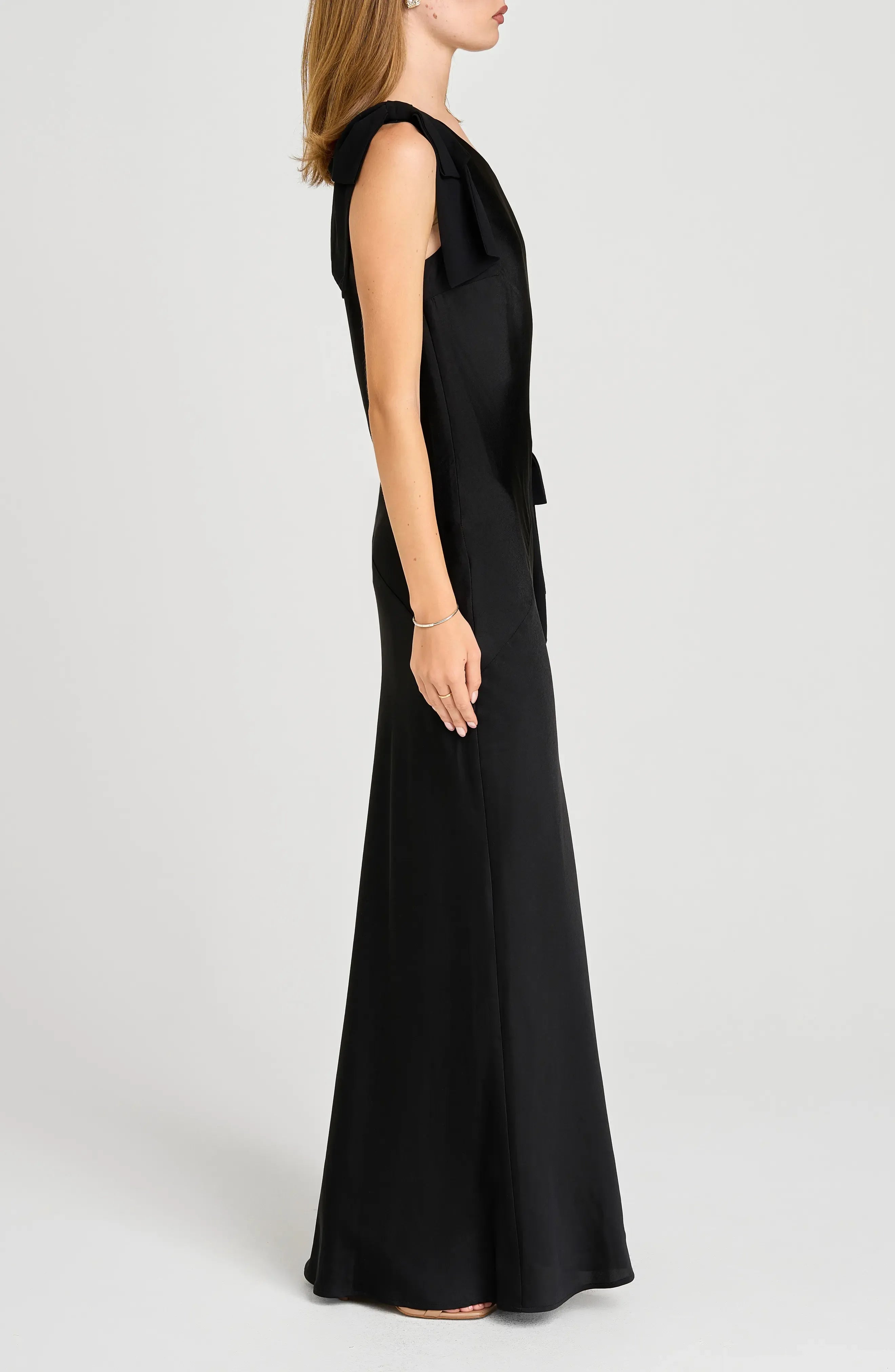 Bow Accented Column One Shoulder Sleeveless Open Back Floor Length For Adults Evening Dress