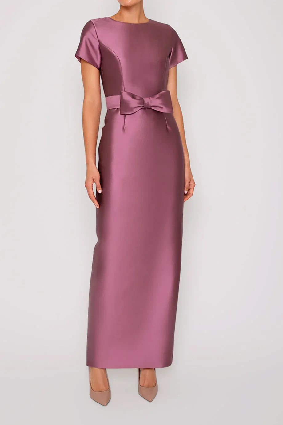 Bow Accented Sheath Crew Neck Short Sleeve Zipper Back High Slit Floor Length Female Evening Dress