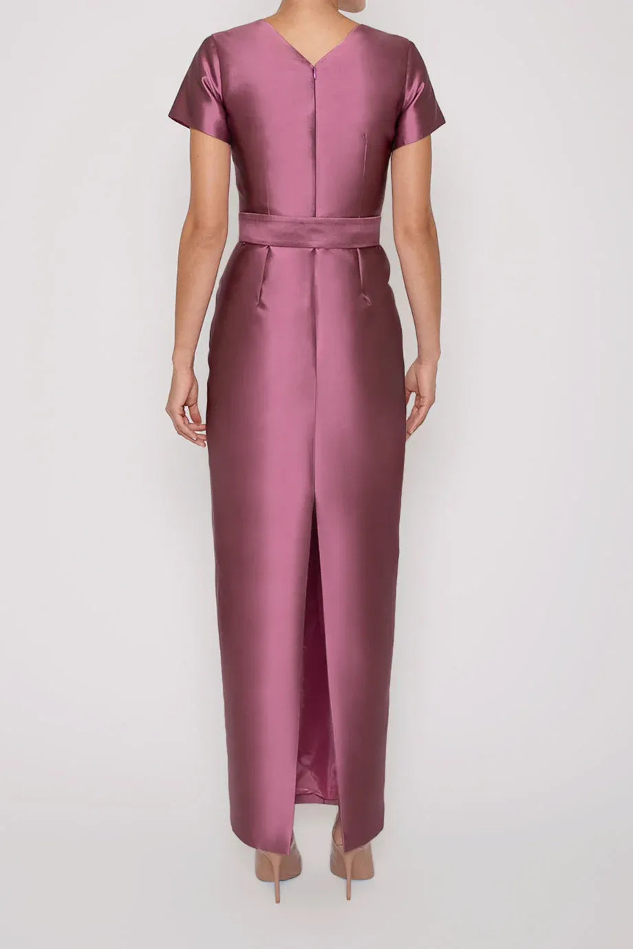 Bow Accented Sheath Crew Neck Short Sleeve Zipper Back High Slit Floor Length Female Evening Dress