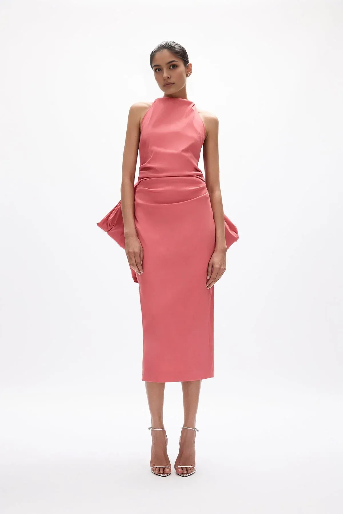 Bow Accented Sheath Halter Sleeveless Open Back Midi Length Hot sale Prom Dress ﻿