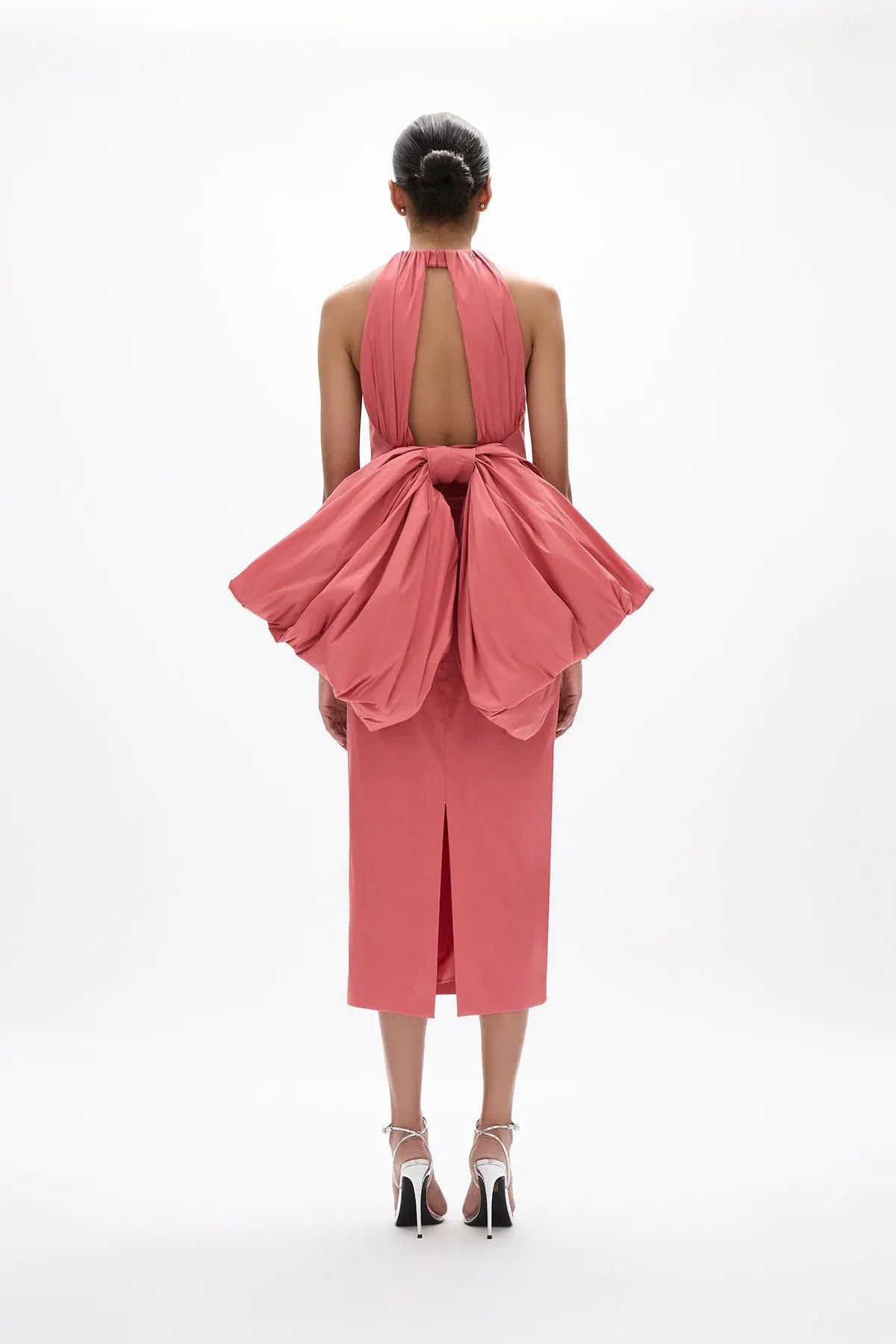 Bow Accented Sheath Halter Sleeveless Open Back Midi Length Hot sale Prom Dress ﻿