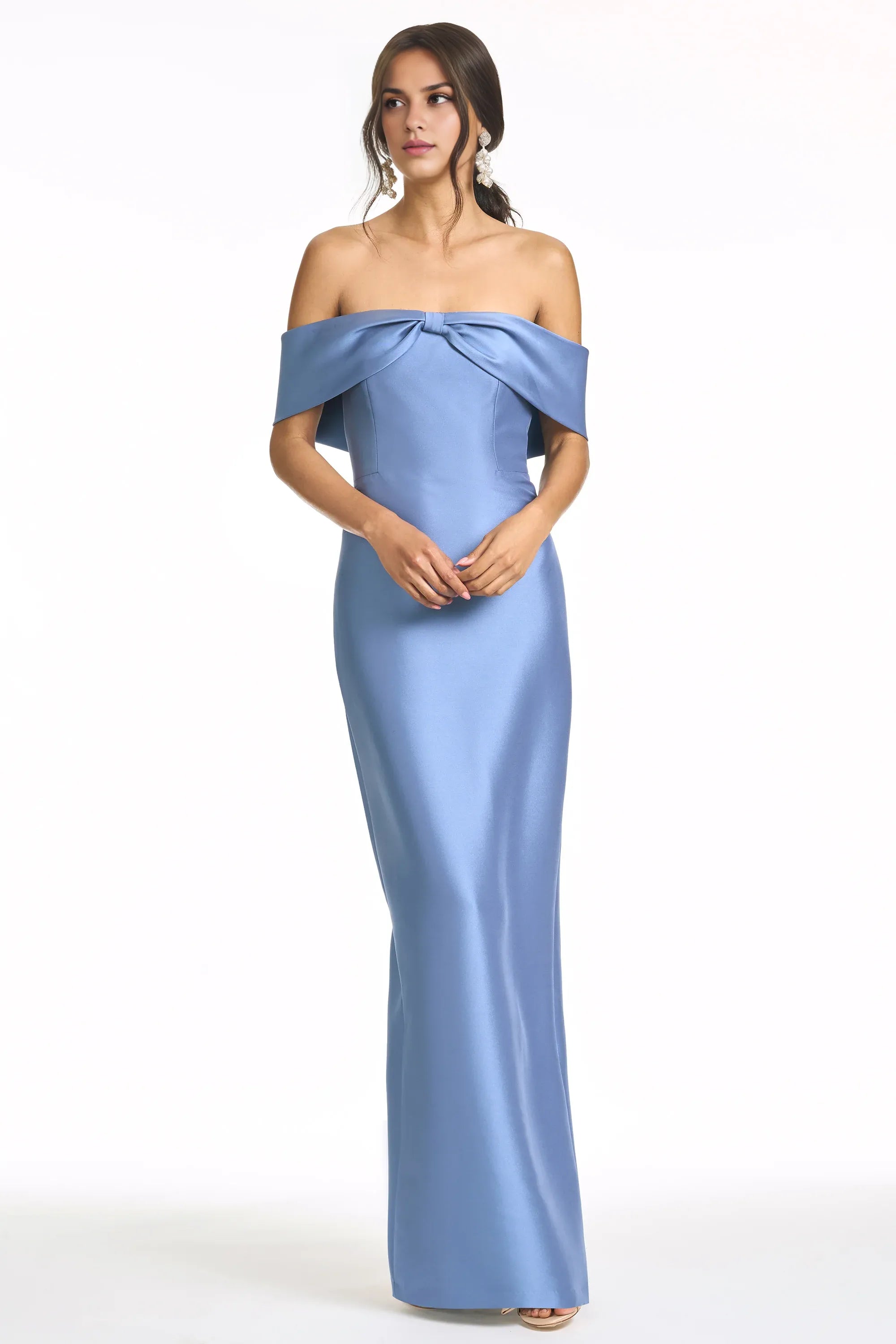 Bow Accented Sheath Off the Shoulder Sleeveless Zipper Back High Slit Floor Length For Women Evening Dress