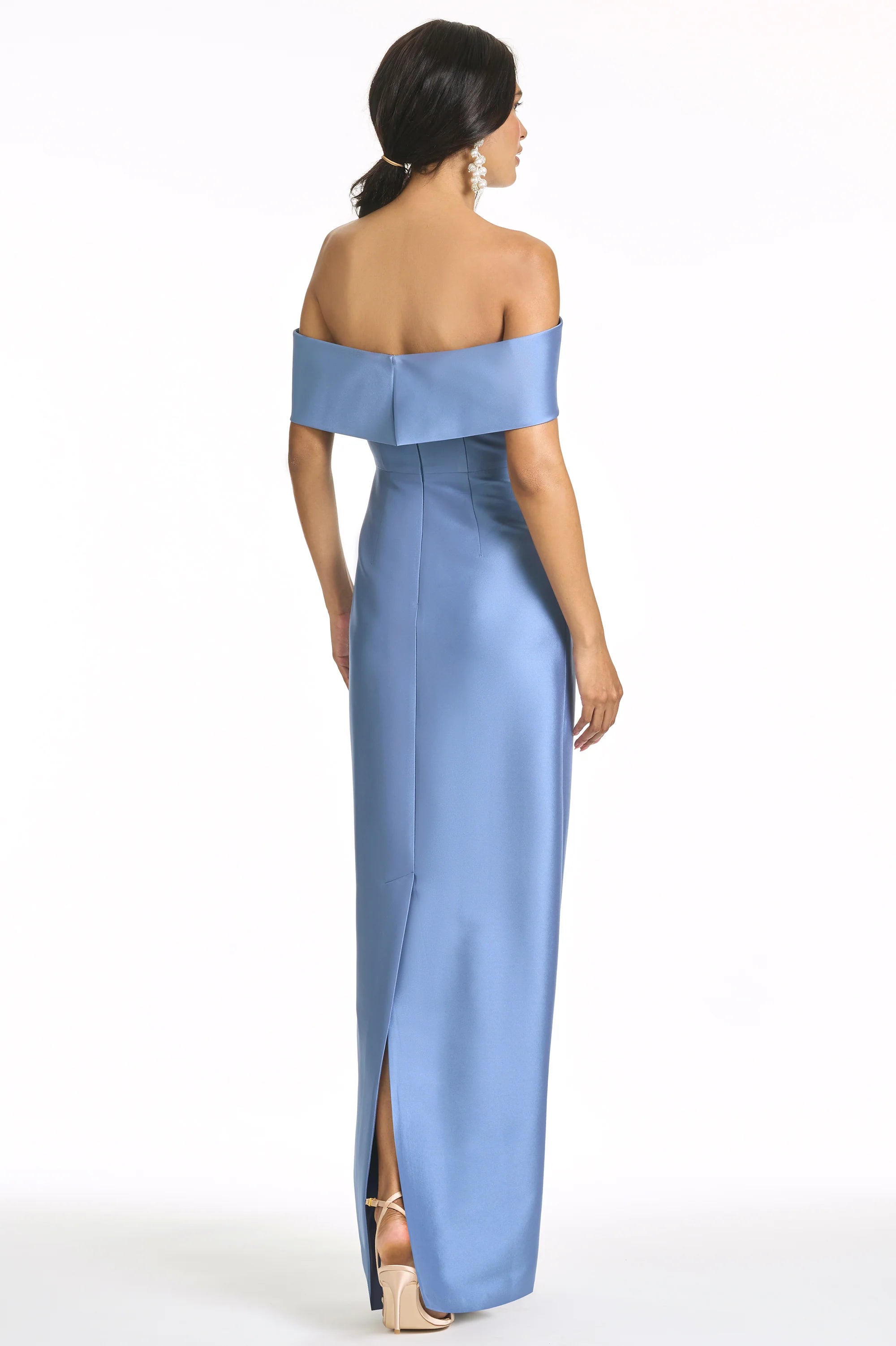 Bow Accented Sheath Off the Shoulder Sleeveless Zipper Back High Slit Floor Length For Women Evening Dress