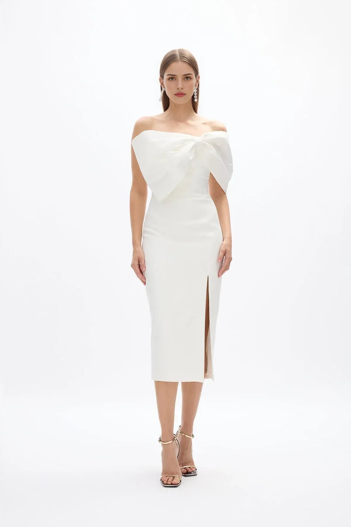 Bow Accented Sheath Off the Shoulder Sleeveless Zipper Back High Slit Midi Length For Sale Prom Dress