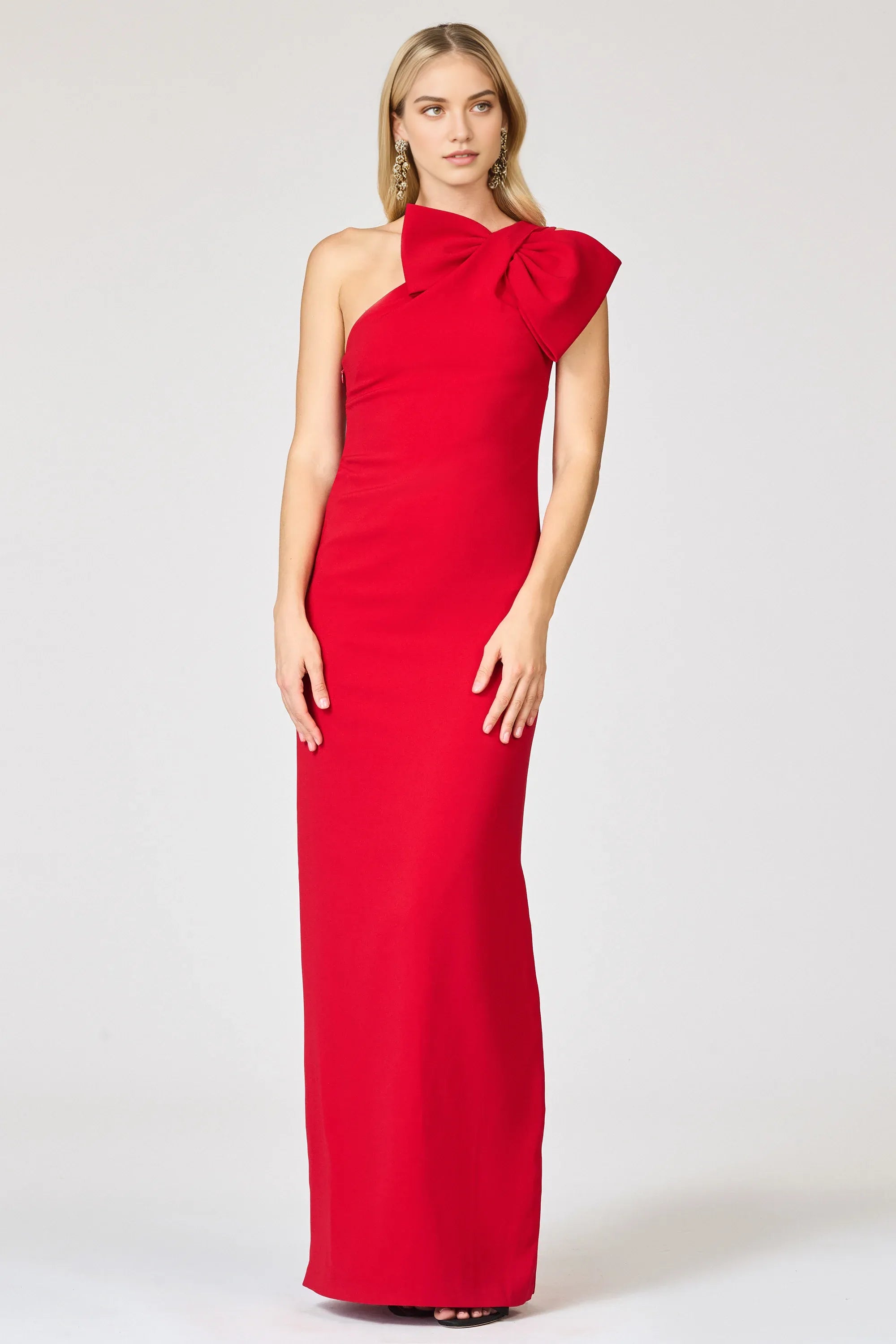 Bow Accented Sheath One Shoulder Sleeveless Zipper Back High Slit Floor Length For Ladies Evening Dress