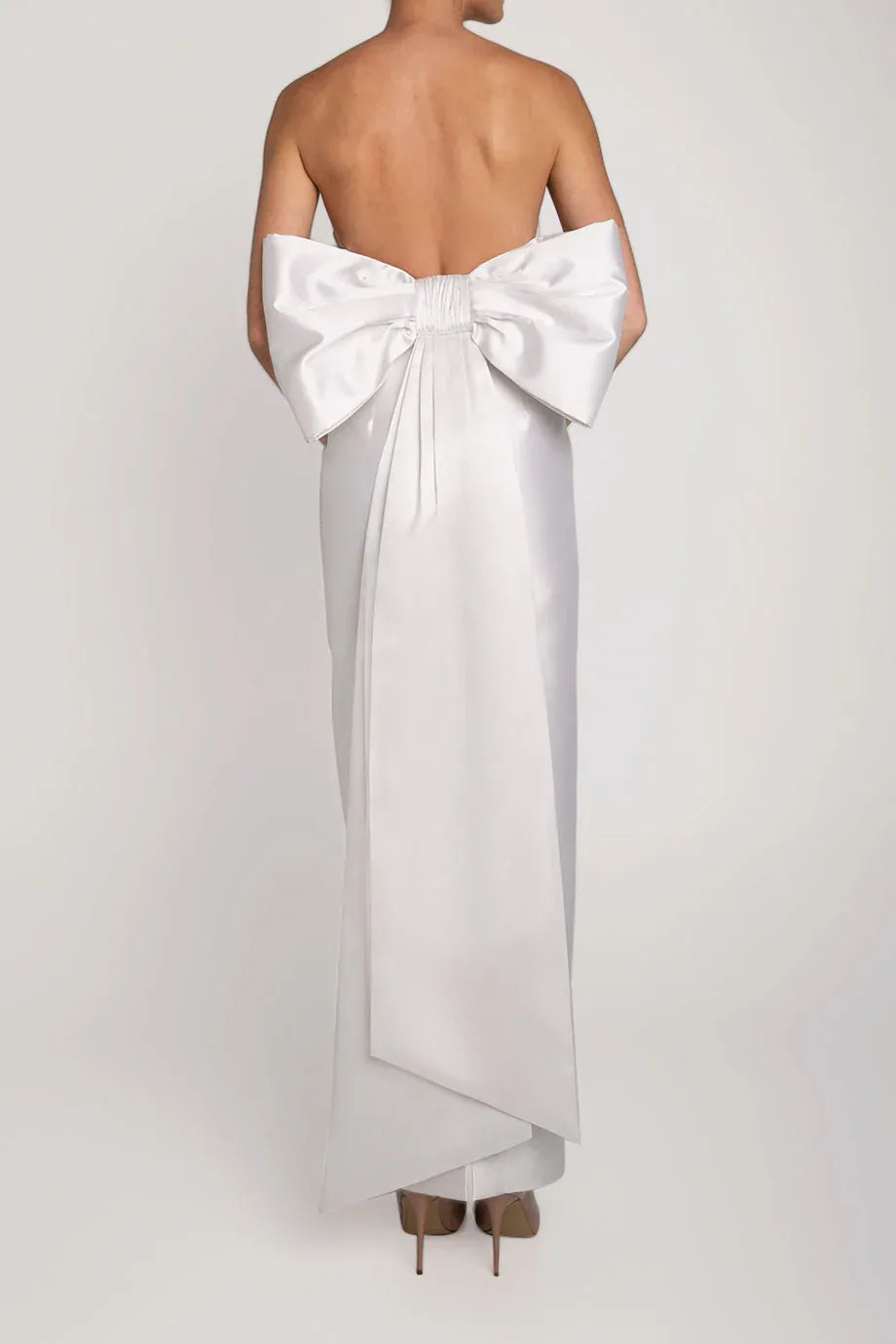 Bow Accented Sheath Strapless Sleeveless Open Back Floor Length For Sale Evening Dress