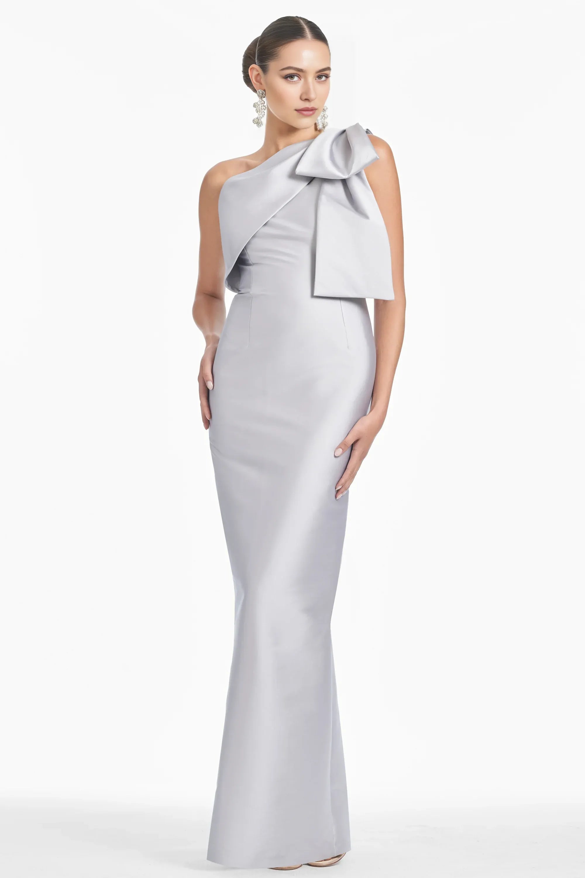 Bow Accented Trumpet One Shoulder Sleeveless Zipper Back High Slit Floor Length For Sale Evening Dress