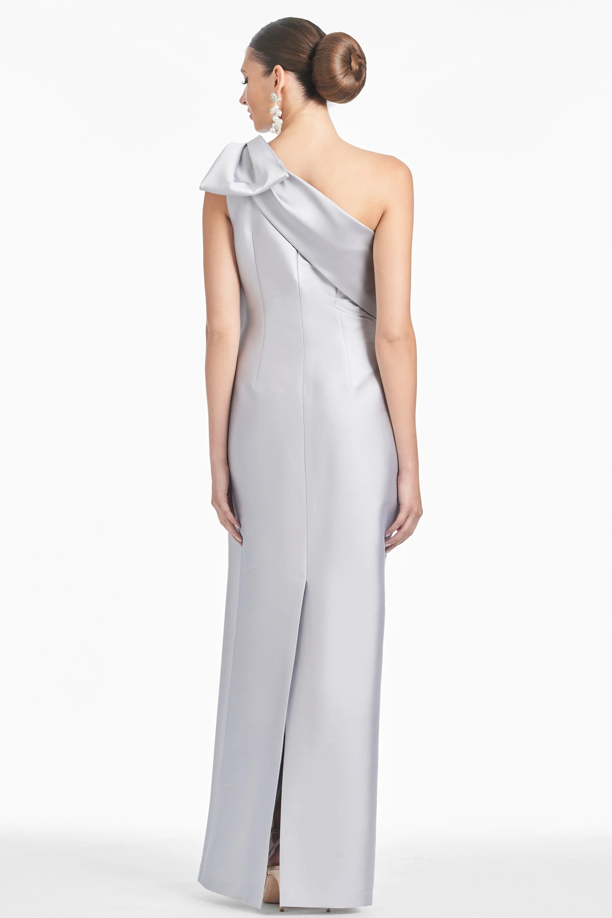 Bow Accented Trumpet One Shoulder Sleeveless Zipper Back High Slit Floor Length For Sale Evening Dress