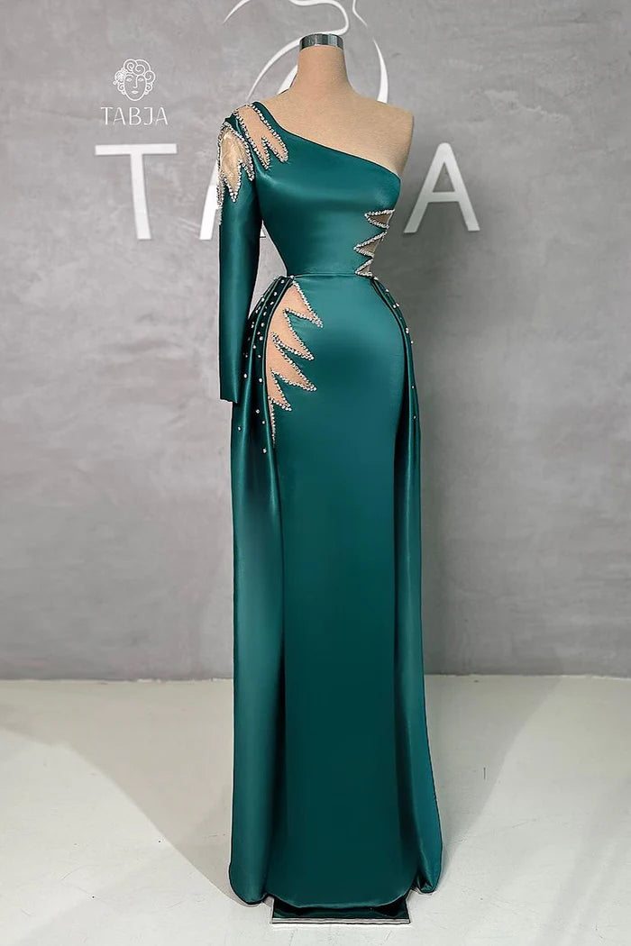 Breathtaking Floor Length One Shoulder Rhinestone Long Sleeve Prom Dress With Detachable Train Simple gentle atmospheric and unique design