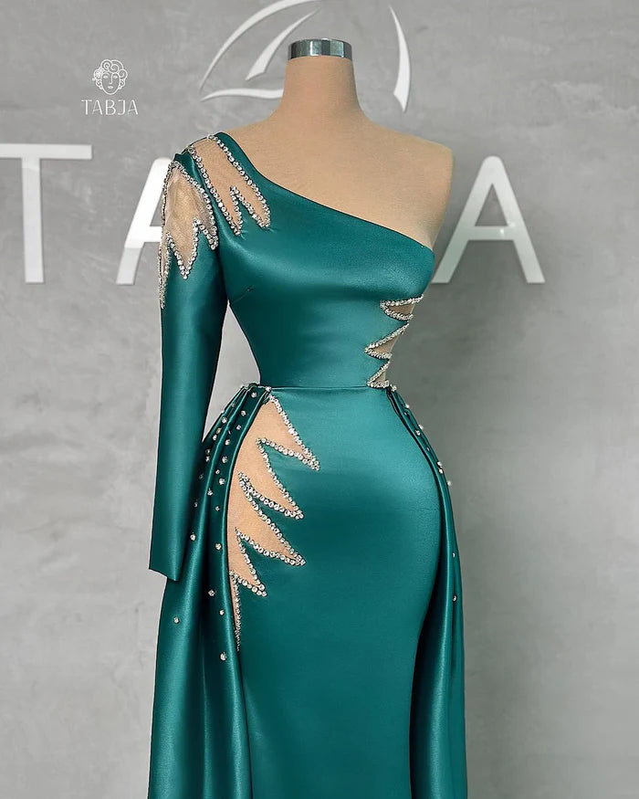 Breathtaking Floor Length One Shoulder Rhinestone Long Sleeve Prom Dress With Detachable Train Simple gentle atmospheric and unique design