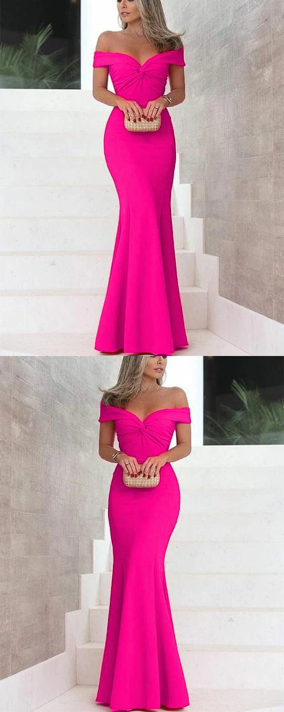 Bright pink fishtail skirt with one shoulder design and pleated chest decoration, suitable for dinners, parties, etc