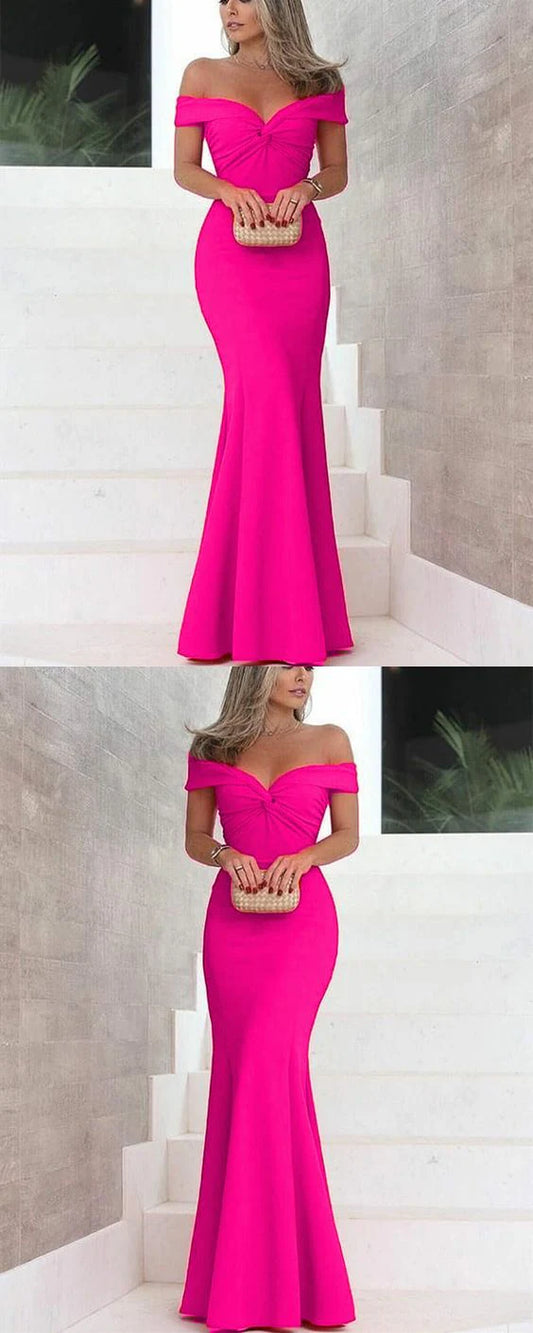 Bright pink fishtail skirt with one shoulder design and pleated chest decoration, suitable for dinners, parties, etc