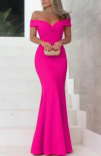 Bright pink off shoulder long dress, with off shoulder design suitable for weddings, dinners, etc
