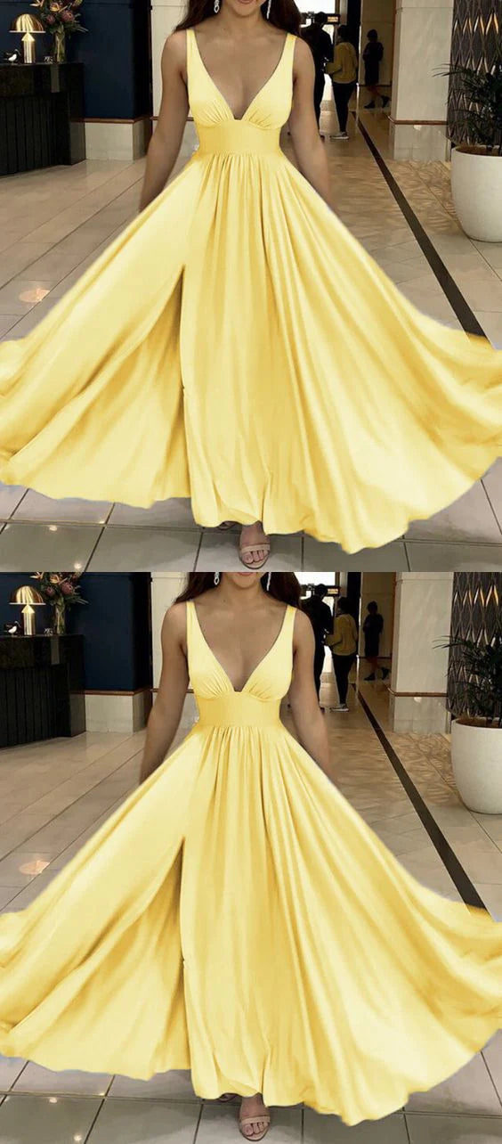 Bright yellow long dress with deep V-belt, high waist and large skirt, suitable for occasions such as dinners and dances