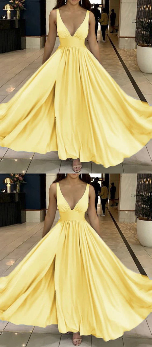 Bright yellow long dress with deep V-belt, high waist and large skirt, suitable for occasions such as dinners and dances