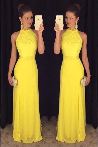 Bright yellow neck hanging style long dress, with a neck hanging design and lace decoration on the upper body, suitable for dinners, weddings, etc