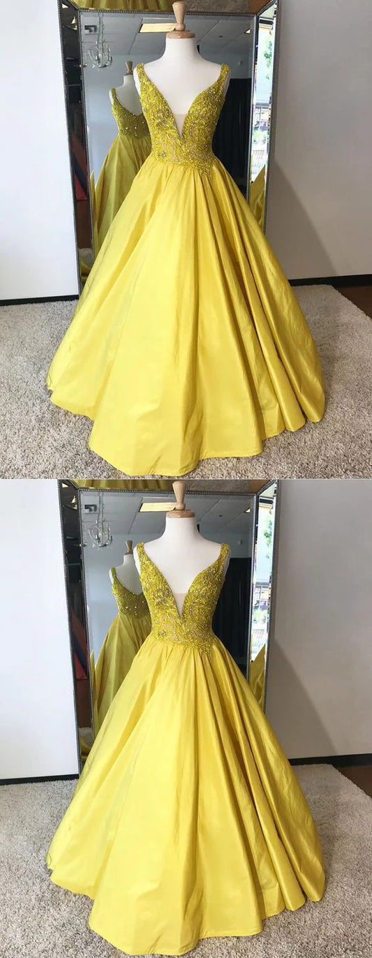 Bright yellow satin dress with deep V-neck design and exquisite bead embroidery decoration on the upper body
