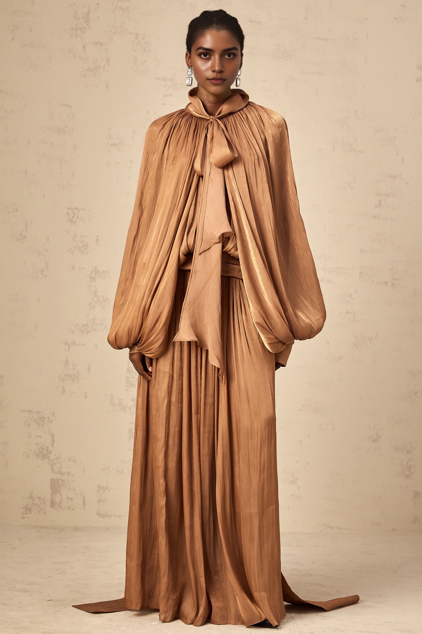 Bronze Draped Maxi Dress with Tie Neck Detail Mila Brown Pleated Satin Maxi Dress Evening Dress