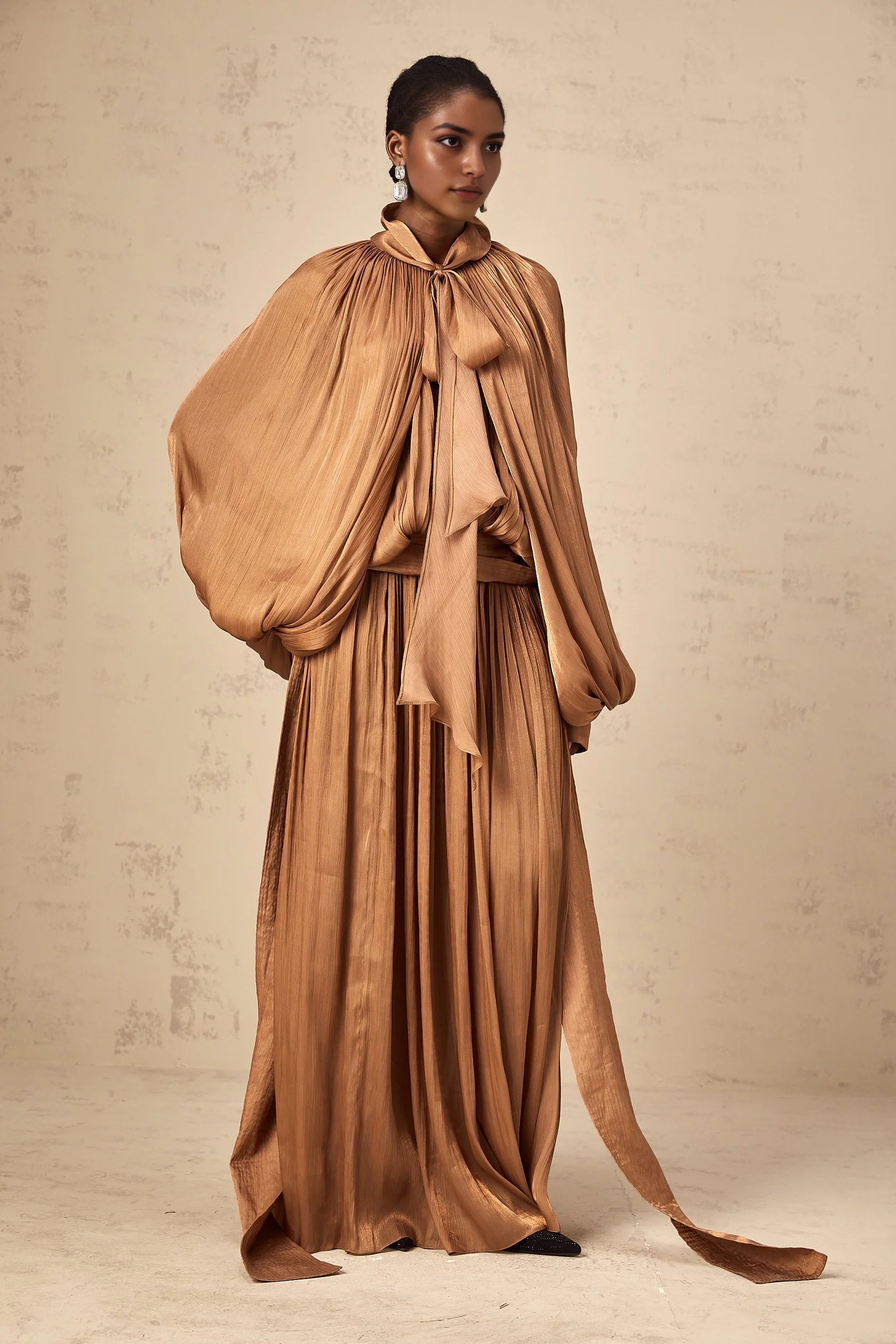 Bronze Draped Maxi Dress with Tie Neck Detail Mila Brown Pleated Satin Maxi Dress Evening Dress