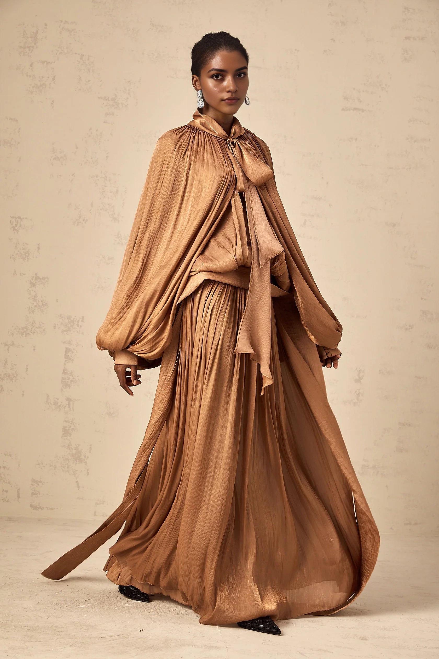 Bronze Draped Maxi Dress with Tie Neck Detail Mila Brown Pleated Satin Maxi Dress Evening Dress