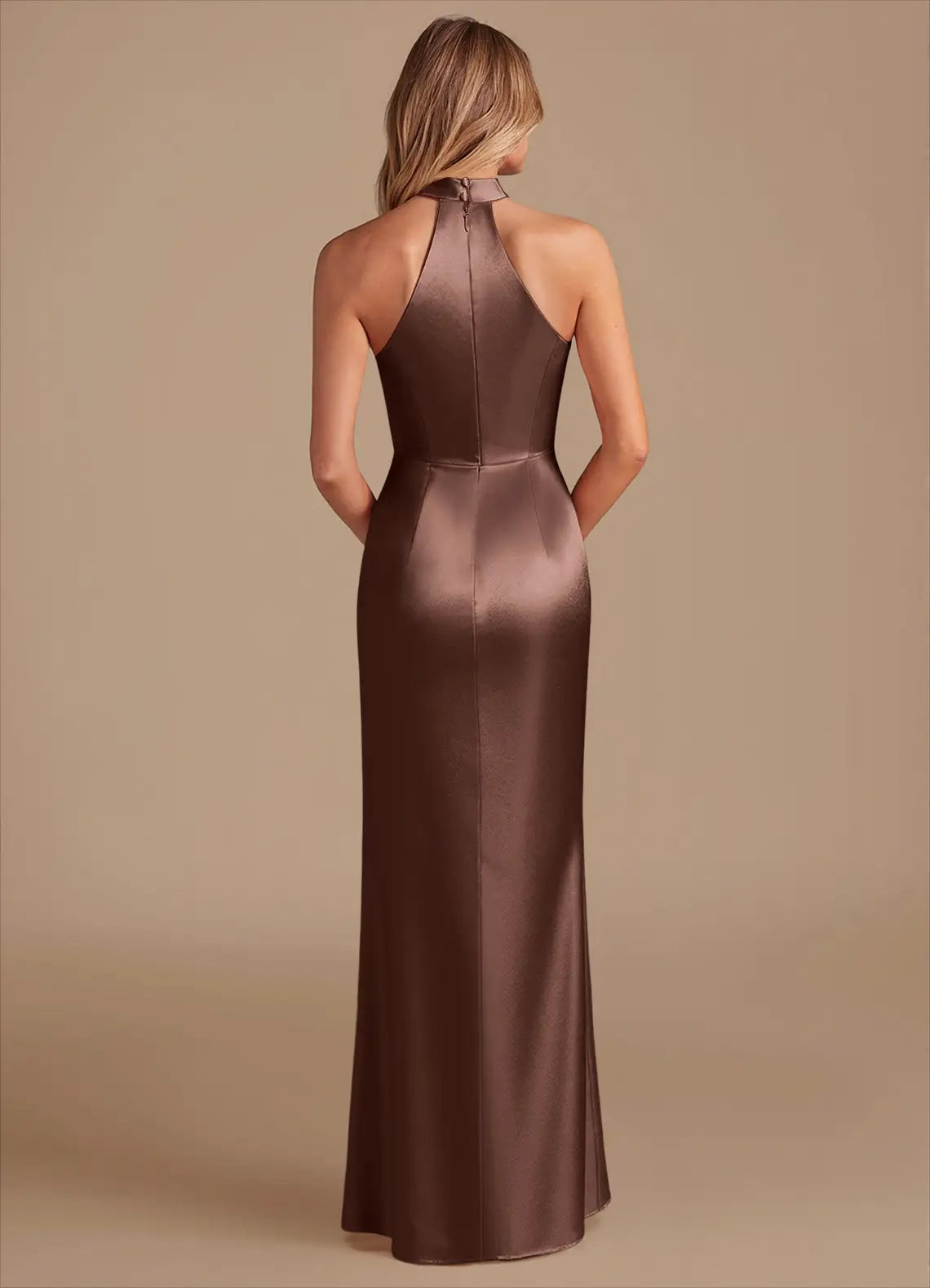Bronze Satin Halter Neck Maxi Dress with Side Slit Sheath Pleated Metallic Satin Dress Bridesmaid Dresses