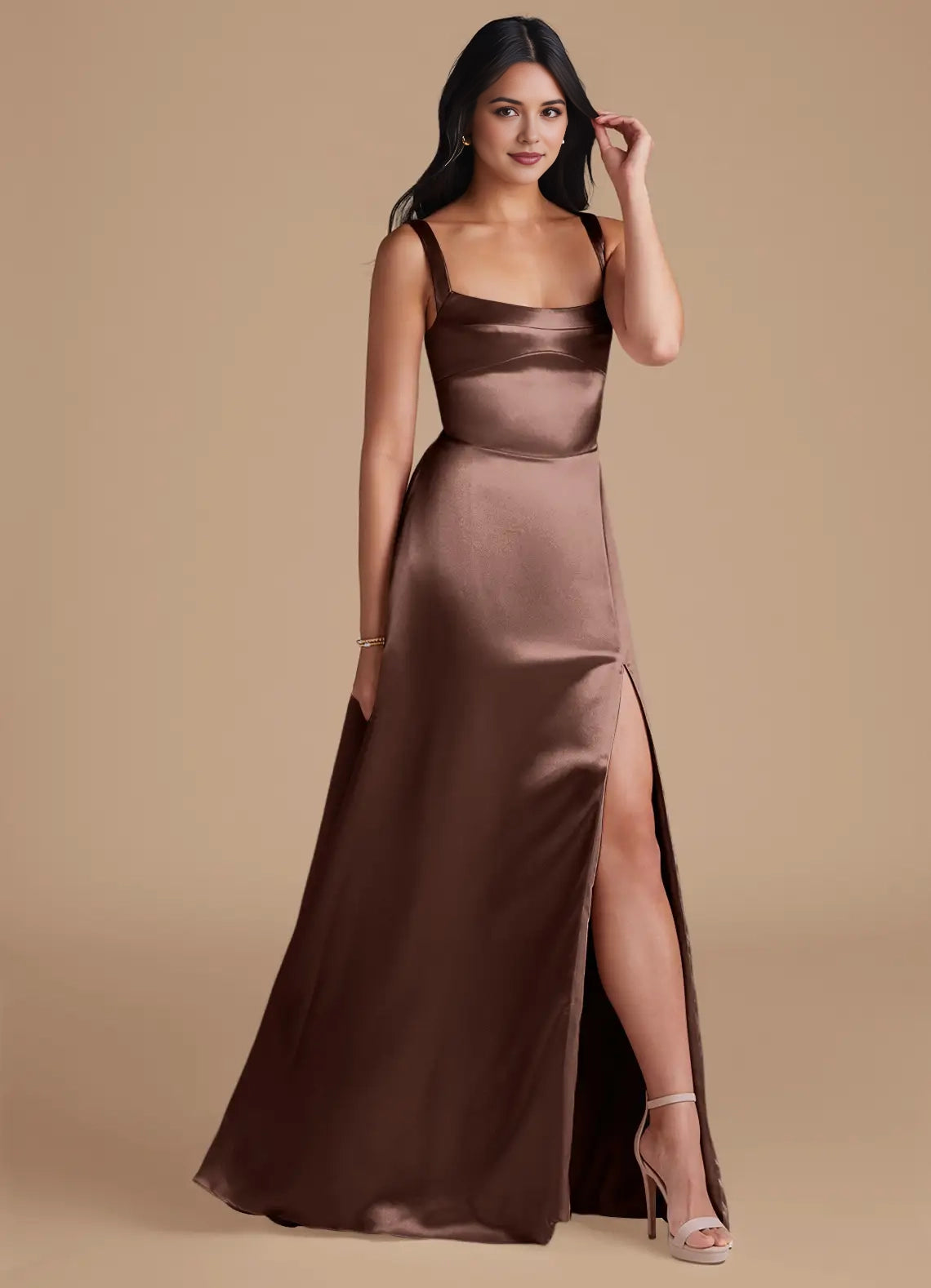 Bronze Satin Square Neck Maxi with Side Slit and V-Back A-Line Pockets Metallic Bridesmaid Dresses