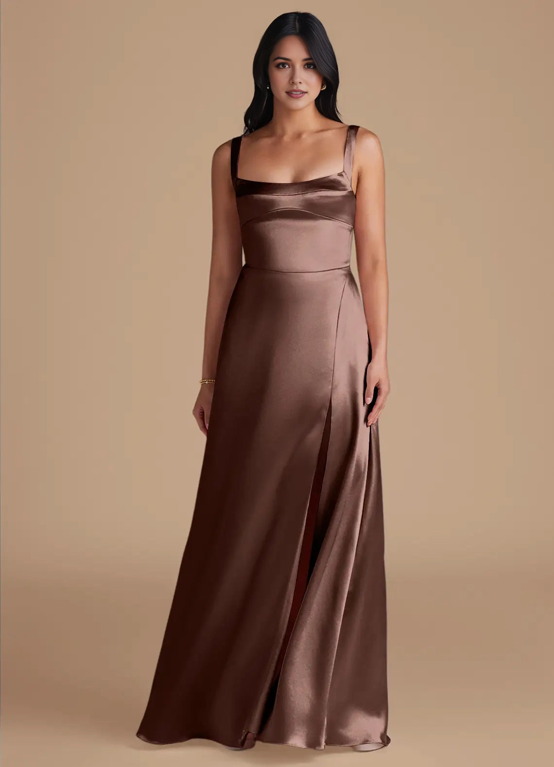 Bronze Satin Square Neck Maxi with Side Slit and V-Back A-Line Pockets Metallic Bridesmaid Dresses