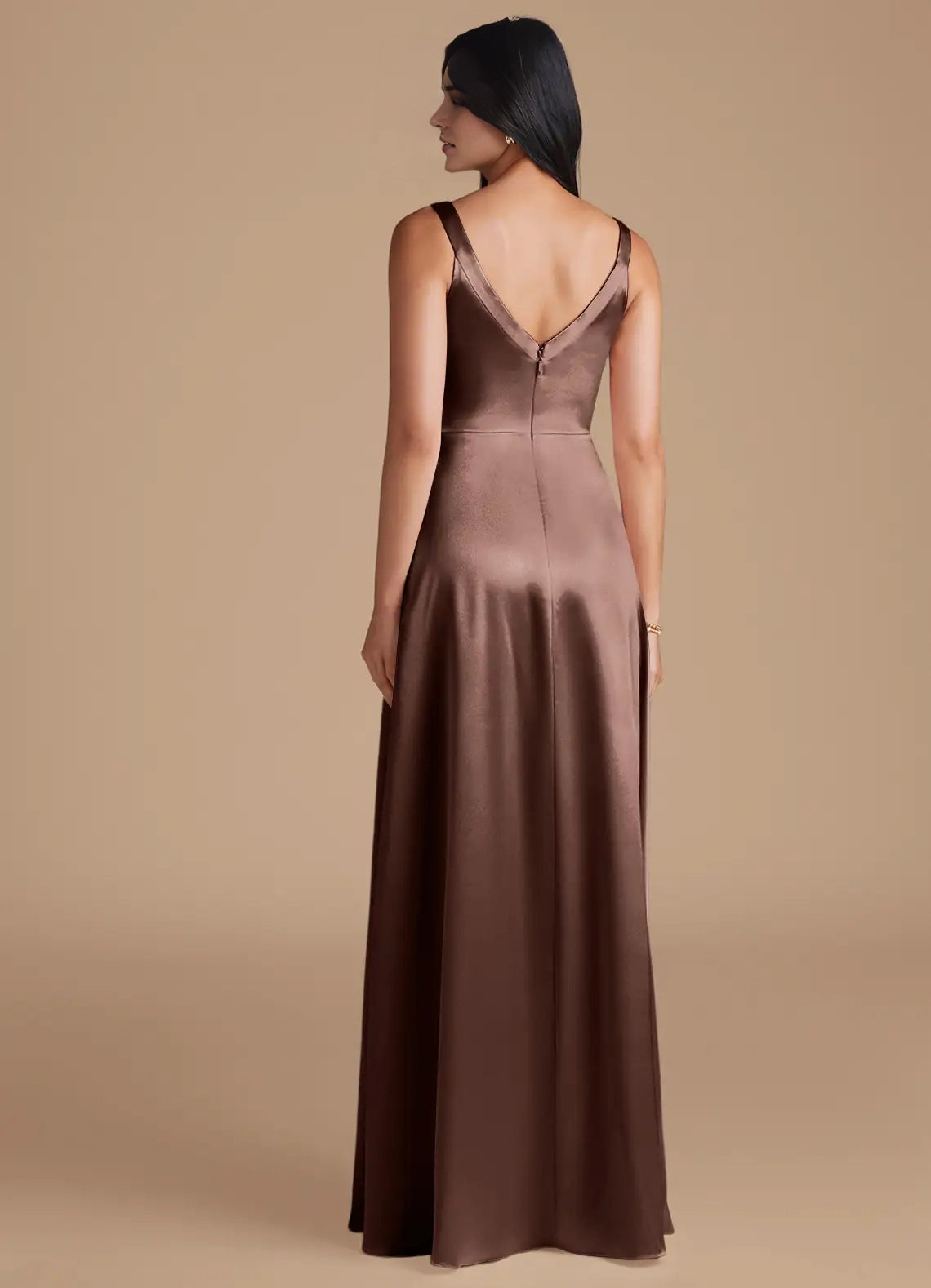 Bronze Satin Square Neck Maxi with Side Slit and V-Back A-Line Pockets Metallic Bridesmaid Dresses