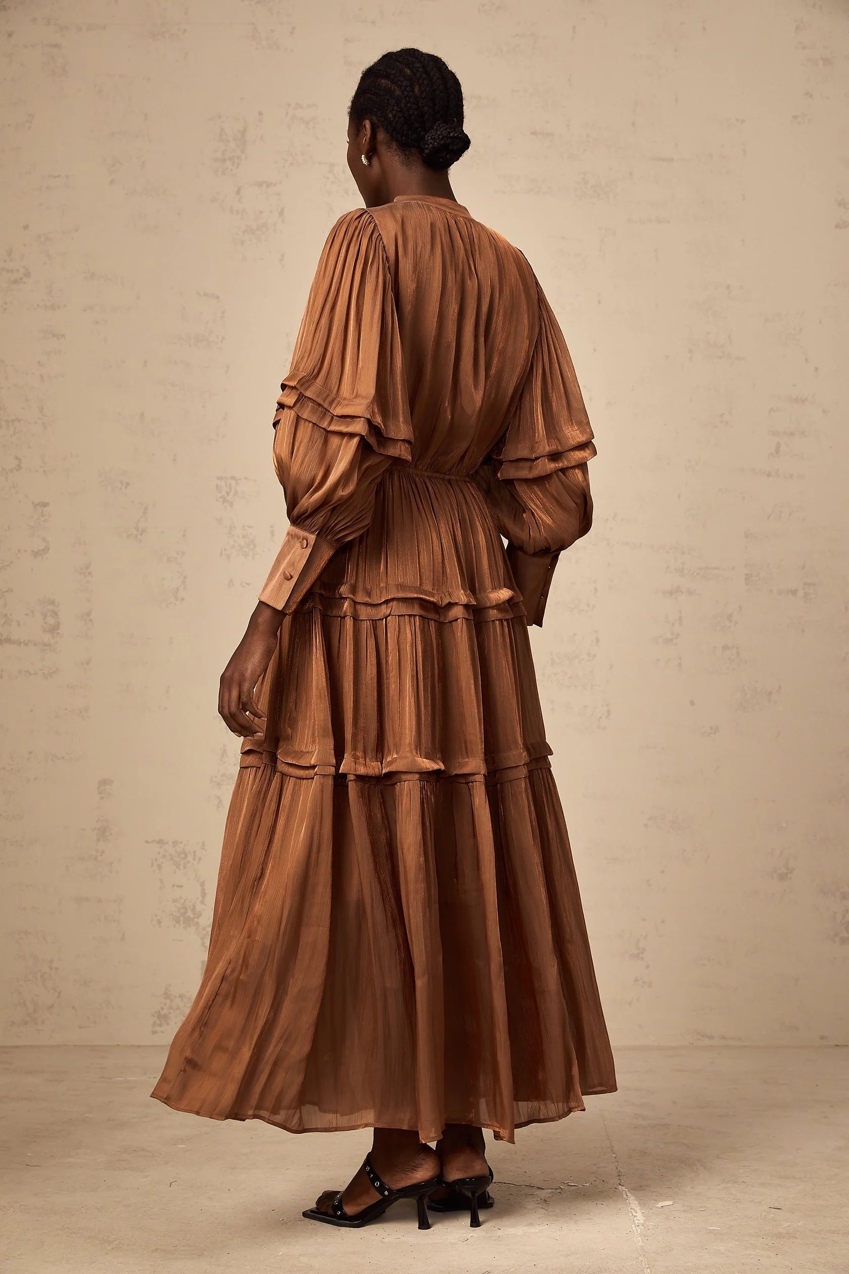 Bronze Tiered Long Sleeve Maxi Dress Emma brown ruffled-trim tiered maxi dress Evening Dress