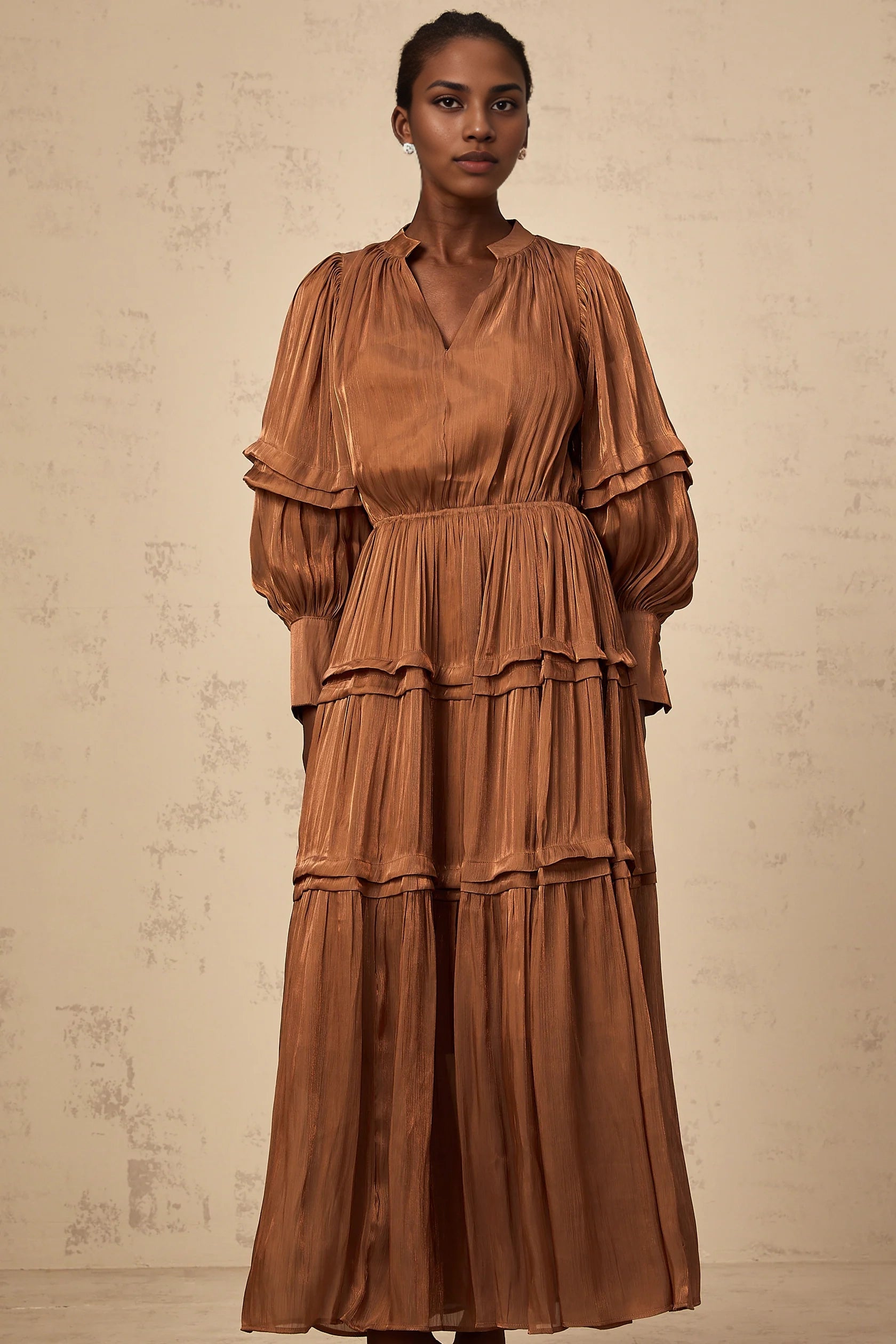 Bronze Tiered Long Sleeve Maxi Dress Emma brown ruffled-trim tiered maxi dress Evening Dress