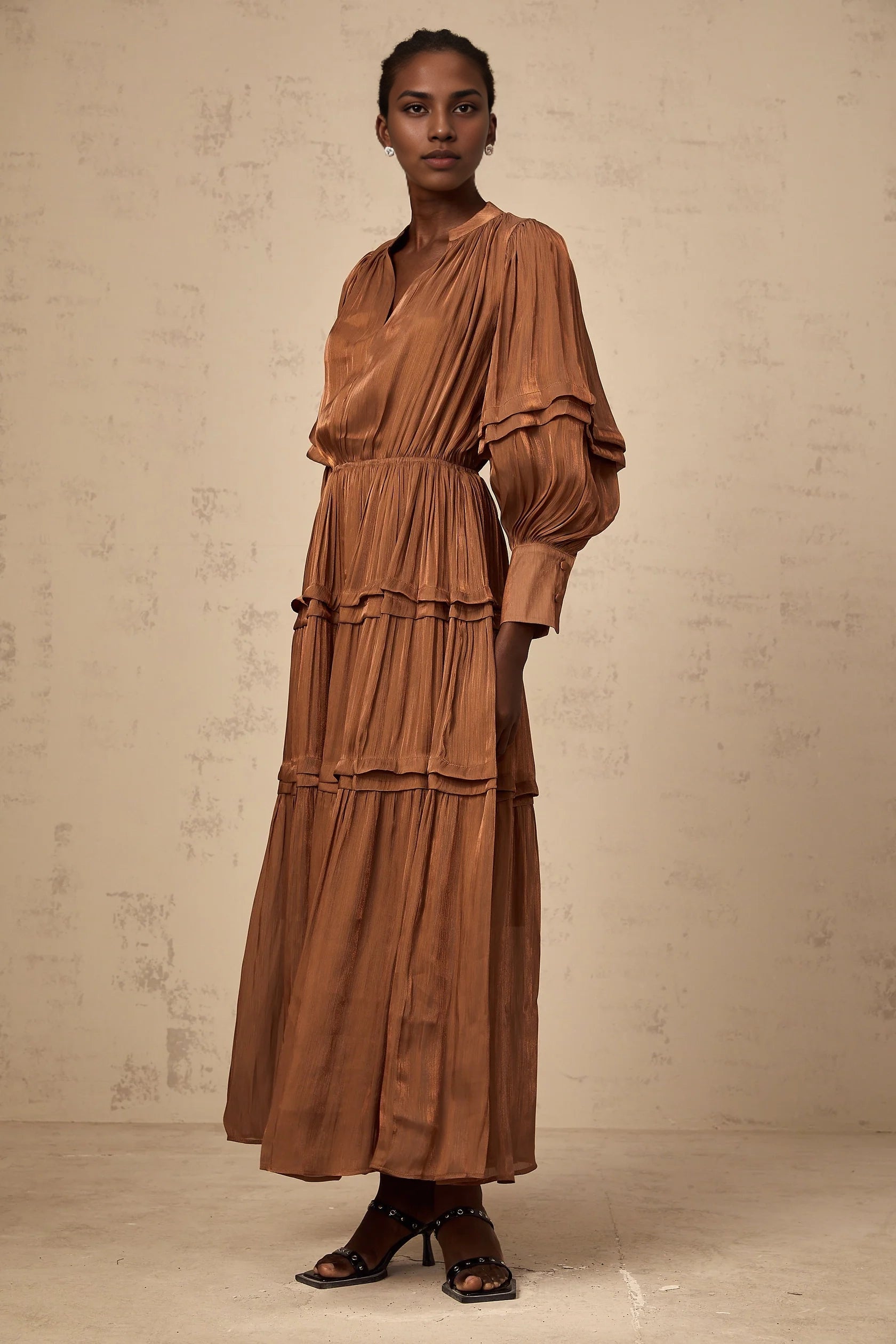 Bronze Tiered Long Sleeve Maxi Dress Emma brown ruffled-trim tiered maxi dress Evening Dress