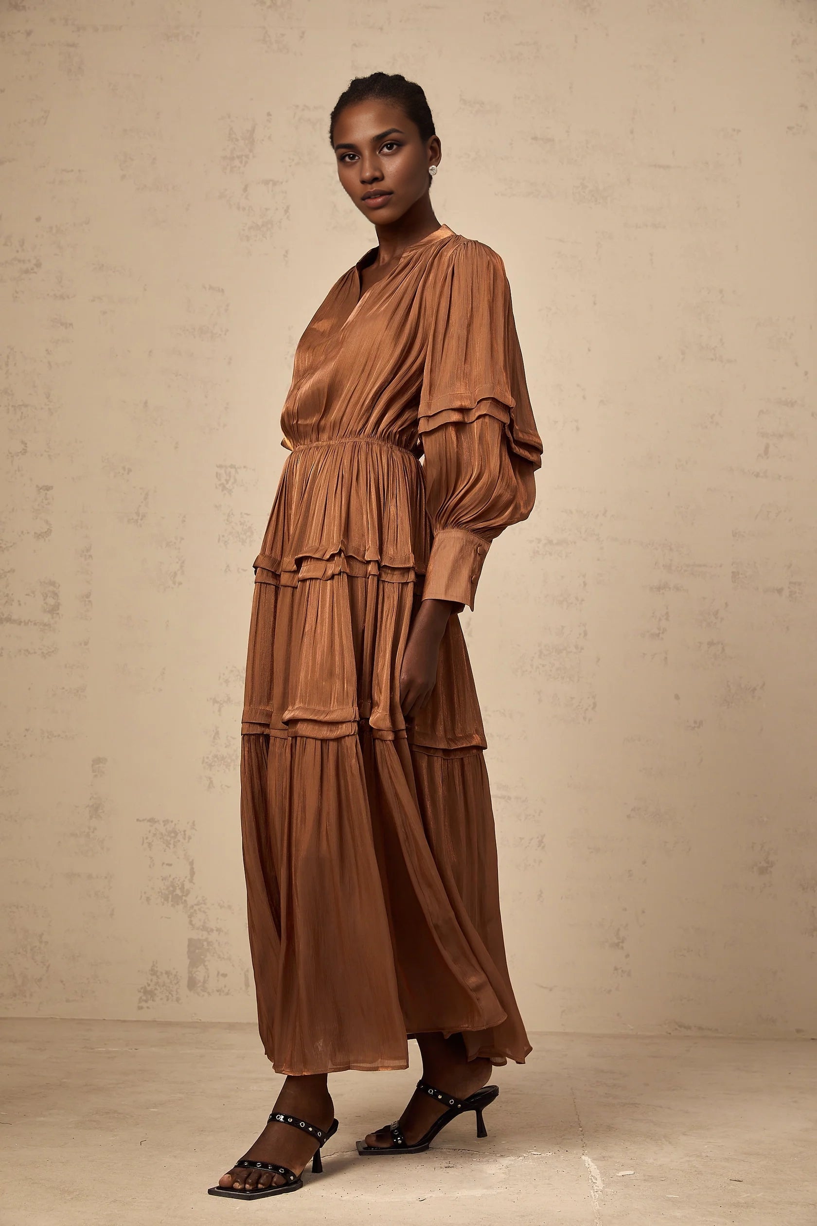 Bronze Tiered Long Sleeve Maxi Dress Emma brown ruffled-trim tiered maxi dress Evening Dress
